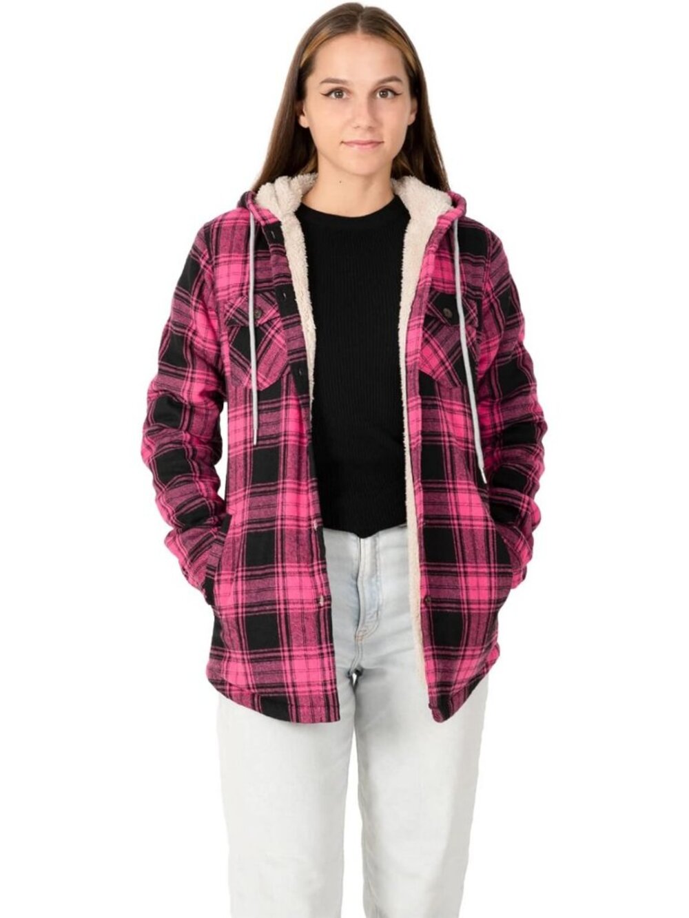 Cozy Sherpa Lined Plaid Flannel Jacket with Hood for Women - Warm & Stylish